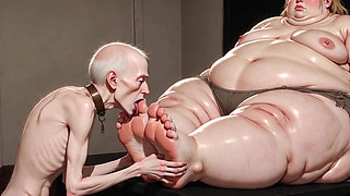 Thin Slave Boy Licking Huge SSBBW Mistress Soft Feet