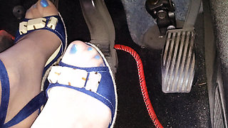 Driving and Revvig in Blue Wedges on My Hosed Feet