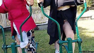 My Brazilian stepmom and stepsister flash their natural tits in public gym workout - outdoor exhibitionism and taboo family fun!