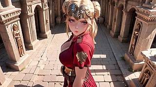 Red Armor Queen! Forbidden Gaze in the Roman Corridor, Skirt Lift Reveal, Hand on Lips Teasing You...