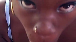 Petit ebony teen Temple Welch POV blowjob and cum swallow