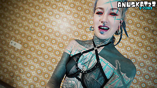 Tattooed Leather Bitch in Heels - Deep Anal Training Ride on Giant Black Cock on Chair