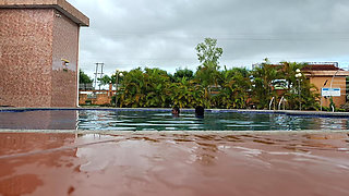 Sperm Floating in the Pool, Hard Sex in the Water, Double Orgasm