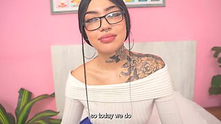 Sexy latina girl in glasses worhips my huge cock with her mouth and then starts riding it in lustful abandon
