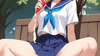 Hentai 2026!  Student licks ice cream in a park, her dripping all over the place