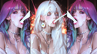 Anime characters get their faces thoroughly covered in cum.