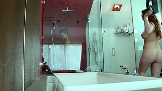 Pussy Licking in the Red Tiled Shower - Two Slim Brunettes Take It Dripping Into the Bed