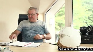 Tight teen office slut fucks senior boss for a promotion