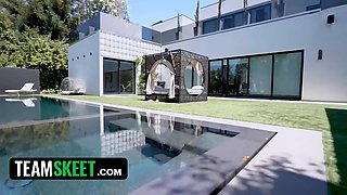 Nanny has a fat kick on her boss, and she's decided to ruin his life with her teen cunt