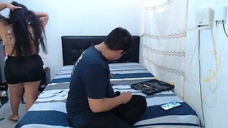 Sexy Latina MILF seduces technician after internet repair - big tits, blowjob and hard fucking