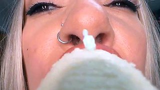 Tattooed blonde milf with big boobs sucks huge pecker