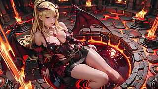 Lava Throne! Blonde Demon Queen Kneels & Spreads Her Wings, Lazy Tease with a Glass.