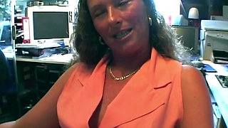 Curly Brunette Rides Hard on Office Chair