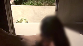 Outdoor with a Beautiful Girlfriend in Front of the Door of the Room.