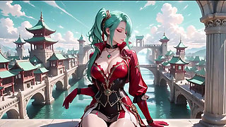Green-haired warrior in a black-red battle robe, commanding yet shy on the floating terrace.