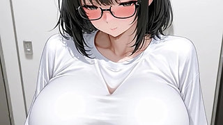 A beautiful woman with huge breasts and glasses
