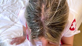 Kinky blonde with shaved copher gives blowjob in POV