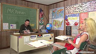 Nova Cane deepthroats teacher's cock for a passing grade - teen hairy pussy slut gets cum in mouth