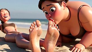Fat Woman Licking Sandy Feet of Skinny Girl - Beach Humiliation