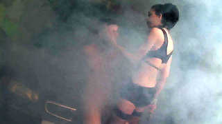 Leather beauty gives nice treatment to her slave