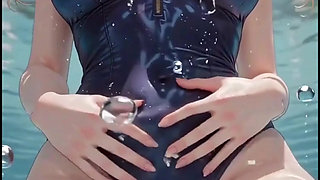 Cute blonde relaxing in and around the pool in a swimsuit anime