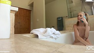 Blonde and skinny Hannah was pleasing herself while bathing, when stepbro had other plans
