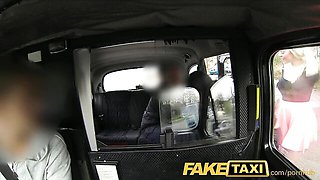 Fake Taxi threesome with brunette in blue bikini and blonde sharing the driver