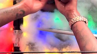 Hot blonde strokes and sucks black cock in glory hole