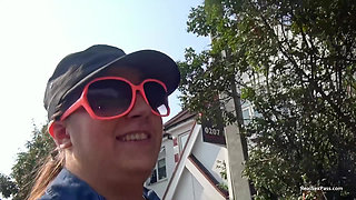 Short and thick brunette outdoor pising and public flashing