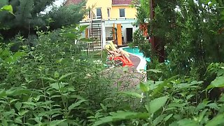 Old & Young Threesome: Blonde Babe Sucks Manhood and Shows Wet Pussy