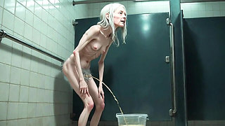 Old Granny Public Pissing in Bucket - Hairy Wet Pussy & Real Orgasm
