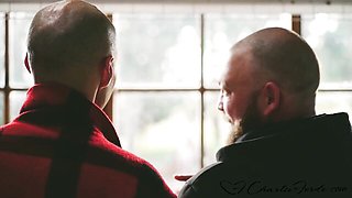 Charlie Forde MFM Blowjob In The Garage Workshop With Two Bald Guys