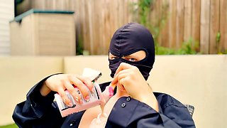 Perfect figure doll Lil Miss Mask gets off with yogurt in a wild outdoor session