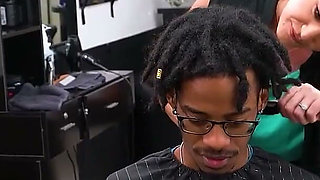 Busty Hairdresser Gives Oiled Interracial Handjob Then Takes Cum in Her Panties