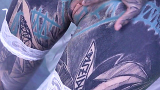 Tattood Girl with Glasses and Buttplug Fucks a Tattooed Dick, DP, Facial