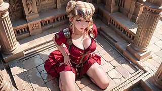 Red Armor Queen! Gaze in the Roman Corridor, Skirt Lift Reveal, Hand on Lips Teasing You...