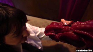 Tiny college gal can hardly fit a giant rubber cock in her mouth and pussy