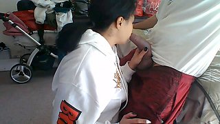 Intense role play with an ebony beauty giving a harsh blowjob and gagging on a big dick