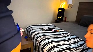 Brunette wife with big boobs gives blowjob