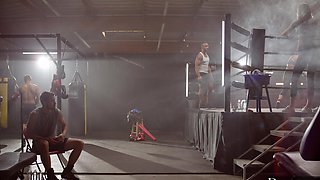 Two guys fucked Haley Reed in the gym, showcasing intense dp action.