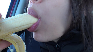 My Indian Stepsister Sucks Banana in Car and Does Mouth Fetish After Sucking Banana and Eating It
