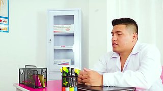 Busty black-haired nurse gives a deep oral job at her desk