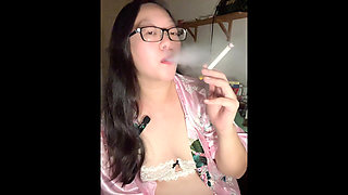 Darkside Smoking Asian Gooning: Wheezing, Coughing, Topless MILF Invites You to Cum on Her Boobs