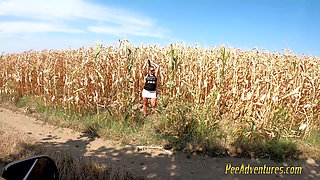 Pee in A Corn Field and Wet Her Skirt - Changing Her Wet Clothes Outdoor and Preparing for Another Pee Standing