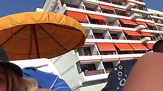 Tattooed Blonde with Big Tits and Hairy Pussy Sucks and Rides a Huge BBC Dildo by the Pool