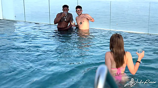 Geek Nerd Meets Two Porn Actors in the Pool and Gets Double Penetrated