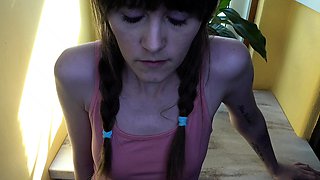 Small tit nubile in stockings masturbates
