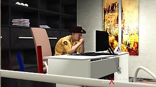 Sheriff. episode three. nail machine and sexy busty dark haired in handcuffs in the dungeon space