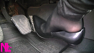Revving and Driving in Black Pantyhose and Grey High Heels