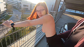 Nerdy stepsister has hot sex in the parking garage